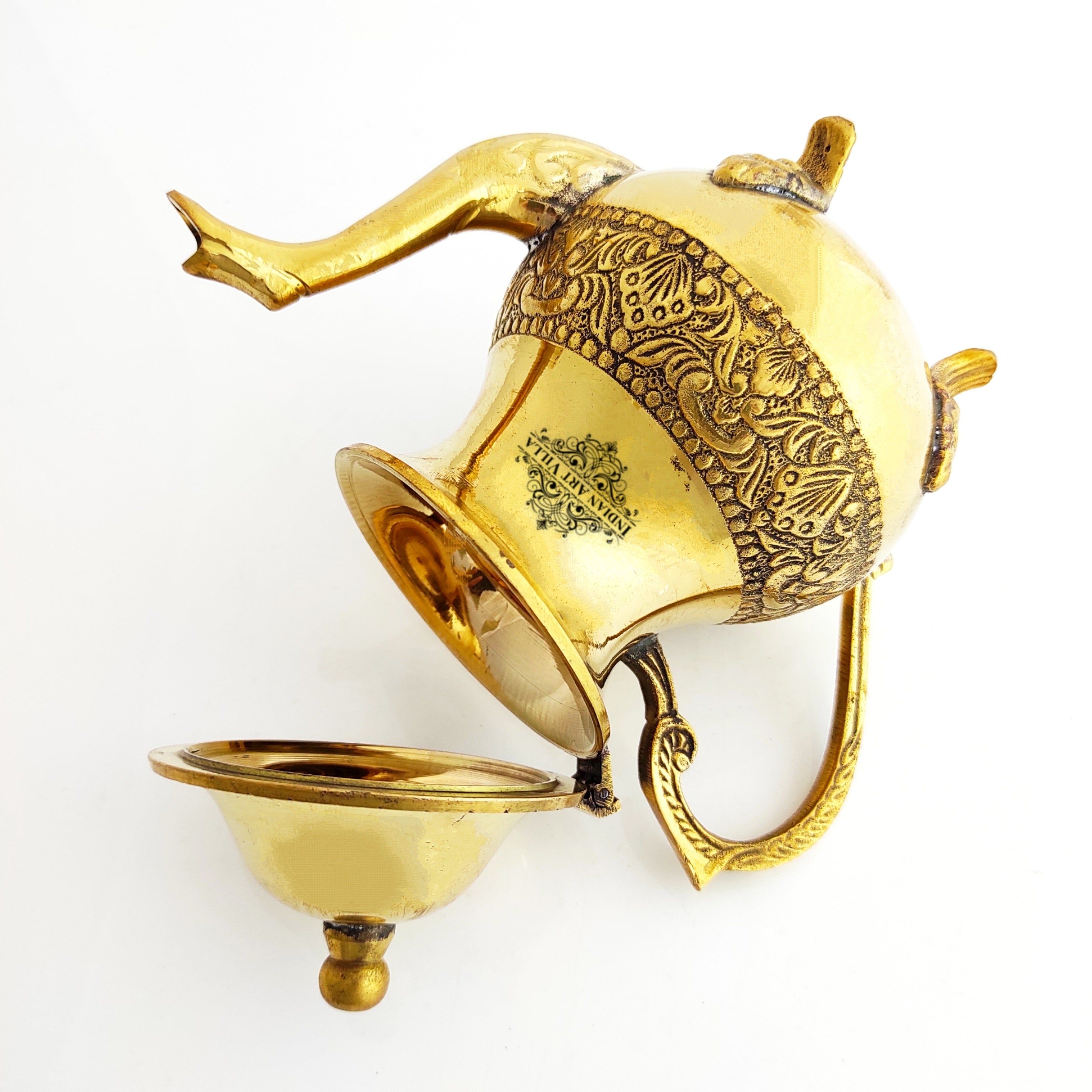 Designer Embossed Mughlai Brass Tea Kettle Pot Inside Tin Lining, Serving Tea Coffee, Tableware, 500 ML